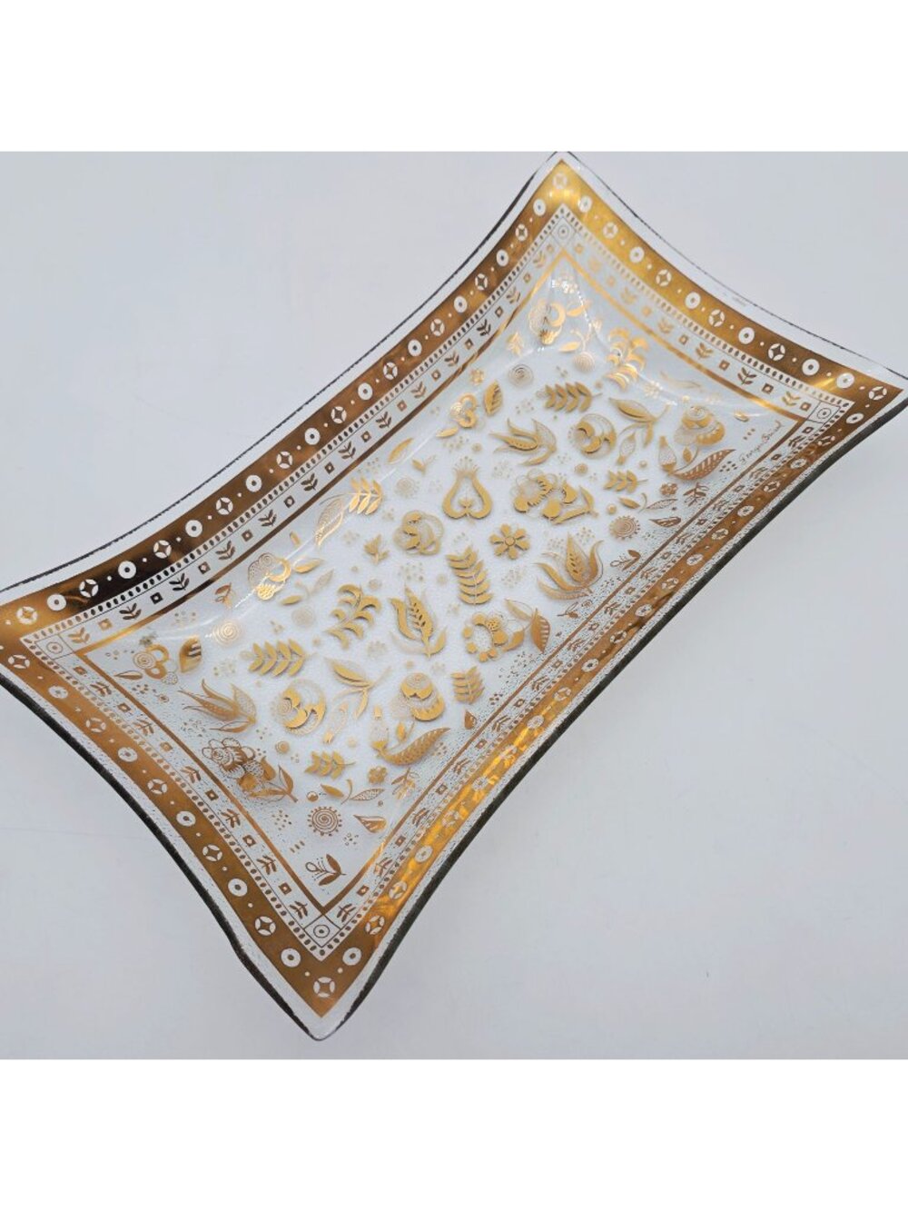 Georges Briard Gold Floral Glass Tray Decorative Rectangular 12"x7"
